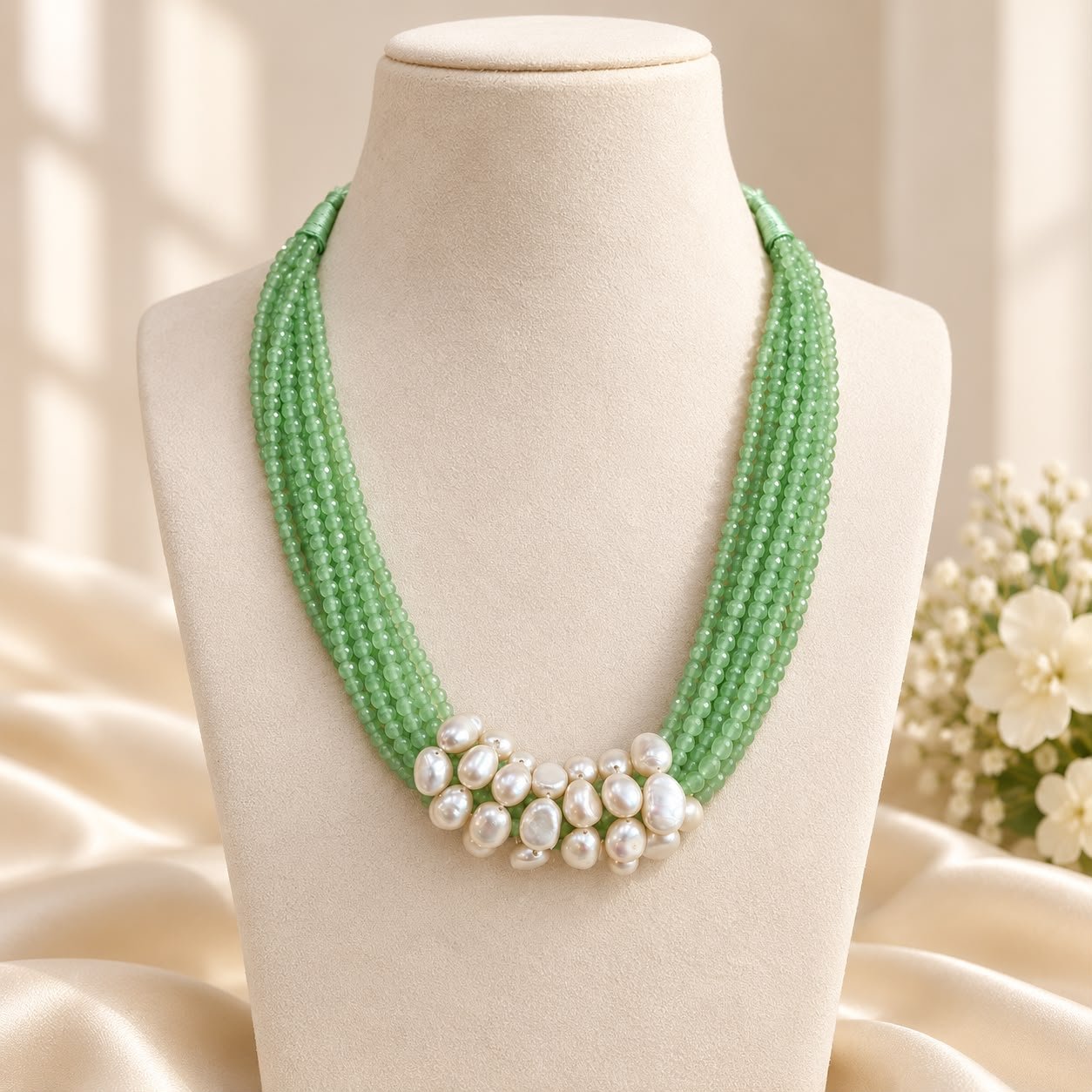 Peridot & Freshwater Pearl Seven-Line Kantha Necklace