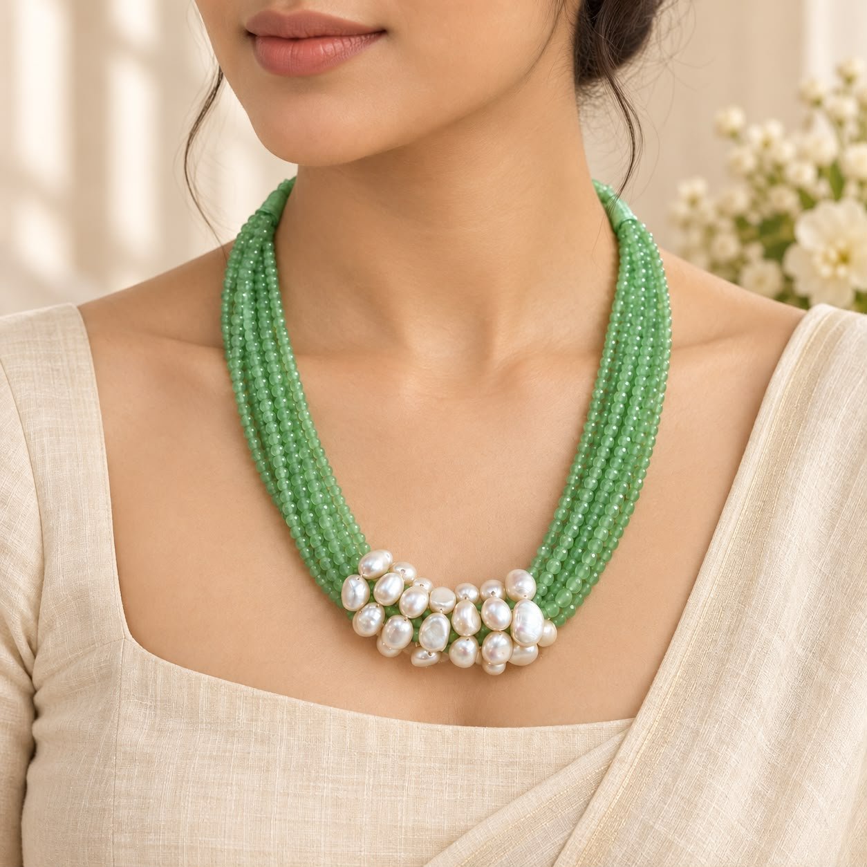 Peridot & Freshwater Pearl Seven-Line Kantha Necklace - Image 2