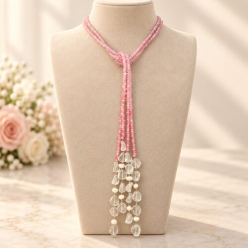 Pink Quartz & Clear Quartz Lariat Necklace