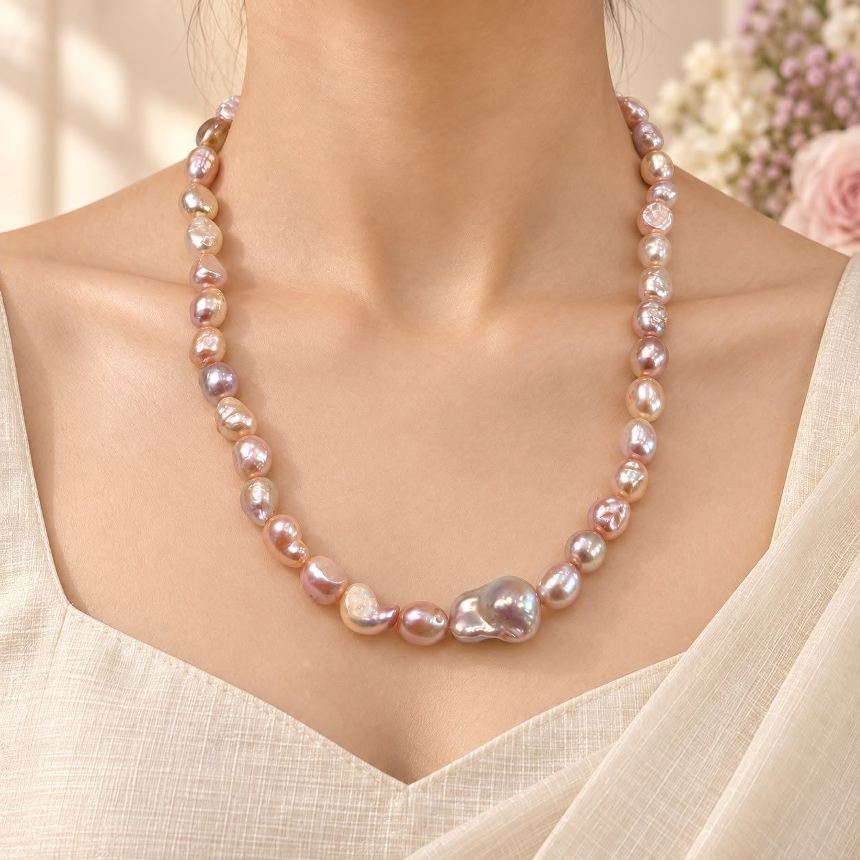Pink Freshwater Pearl & Baroque Pearl Necklace - Image 2