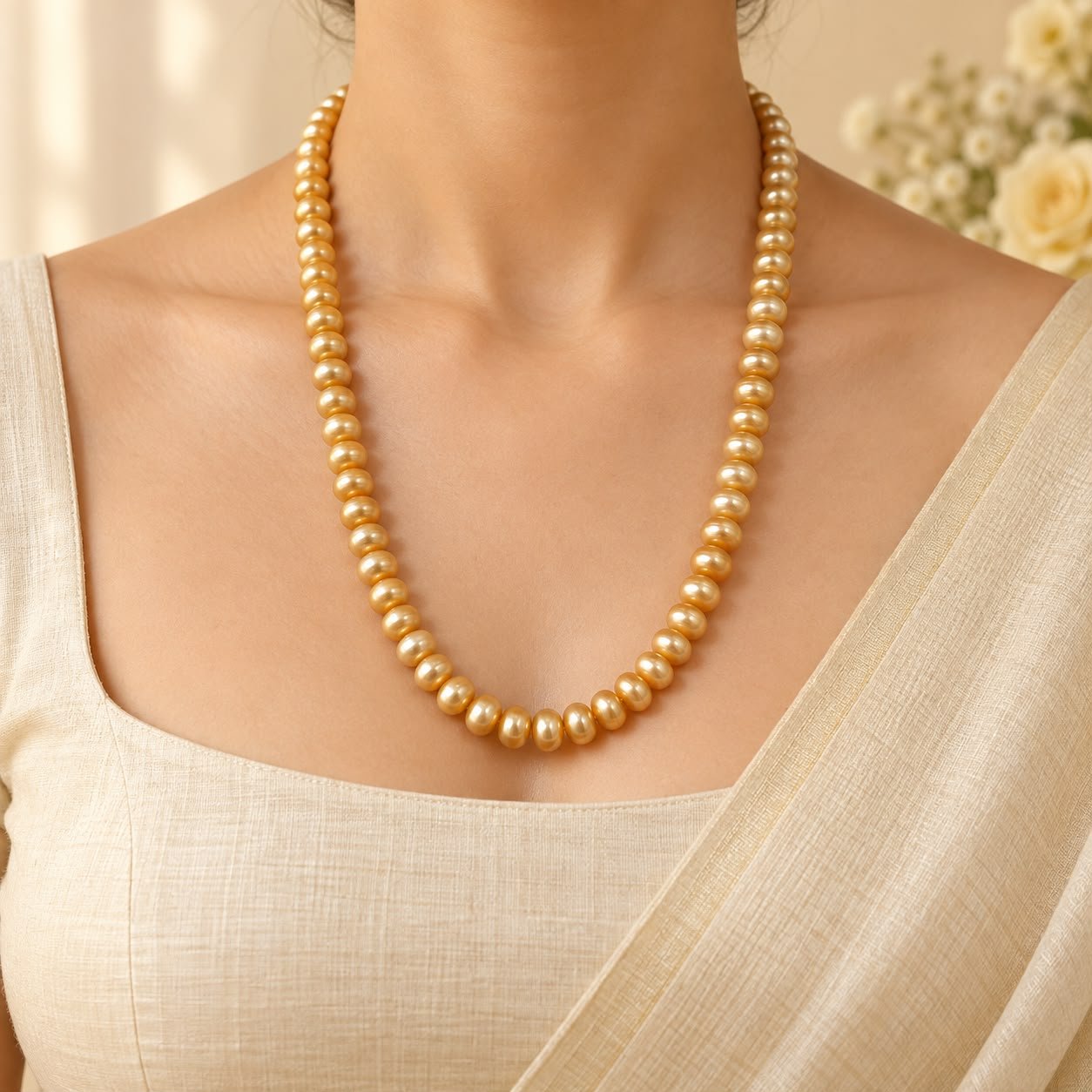 Golden Cream Freshwater Pearl Necklace – 18 Inches - Image 2