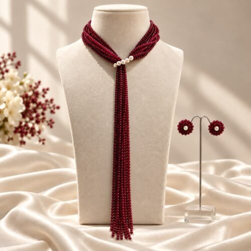 Red Quartz & Freshwater Pearl Lariat Set – 32 Inches