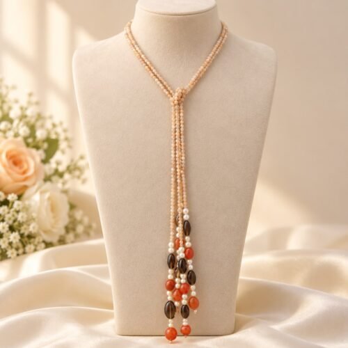 Moonstone, Carnelian & Smoky Quartz Lariat Necklace