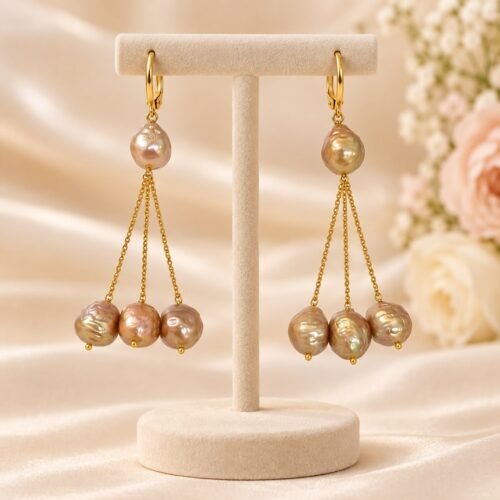 Golden Baroque Freshwater Pearl Chain Drop Earrings