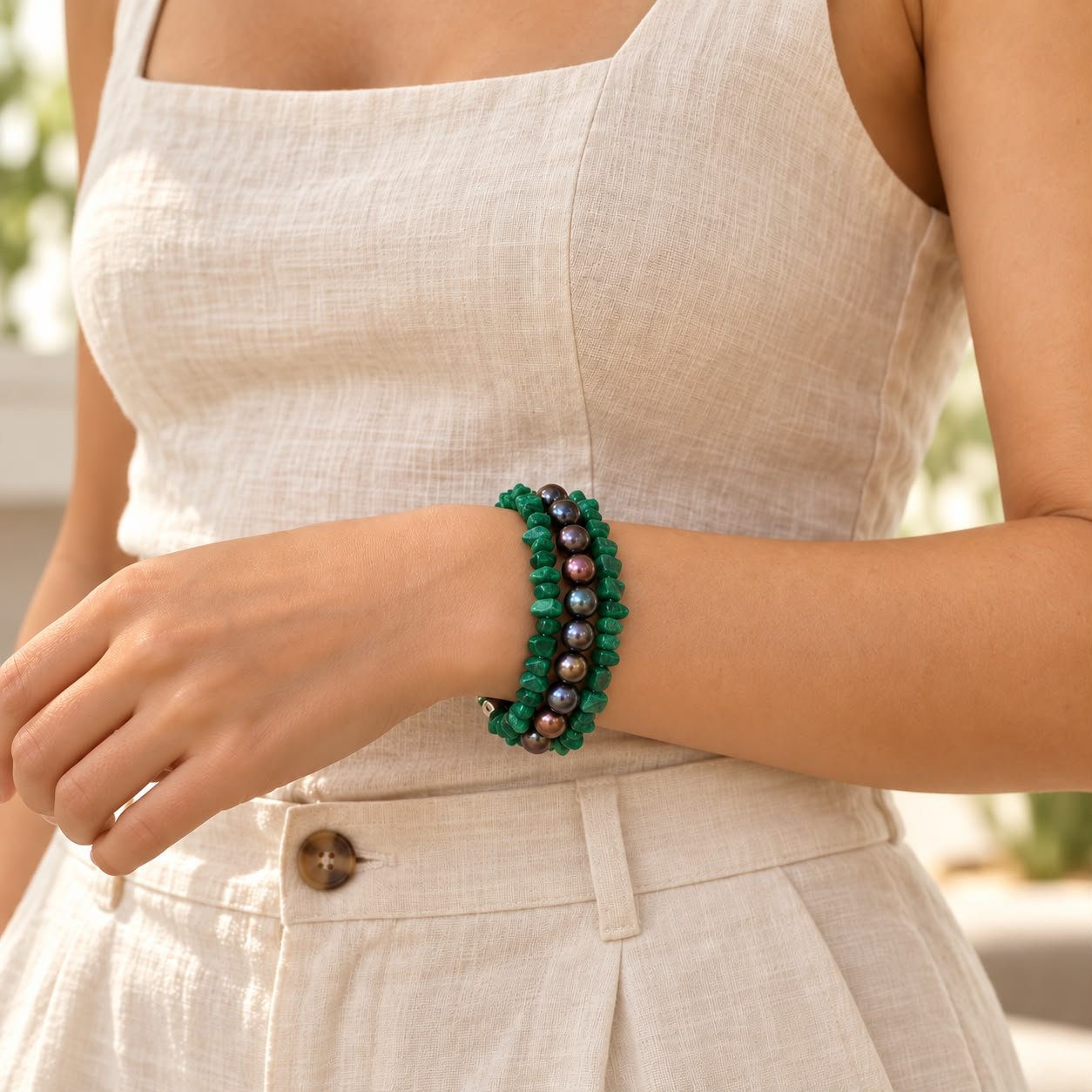 Malachite Chip & Pearl Two-Line Bracelet