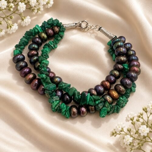 Malachite Chip & Pearl Two-Line Bracelet
