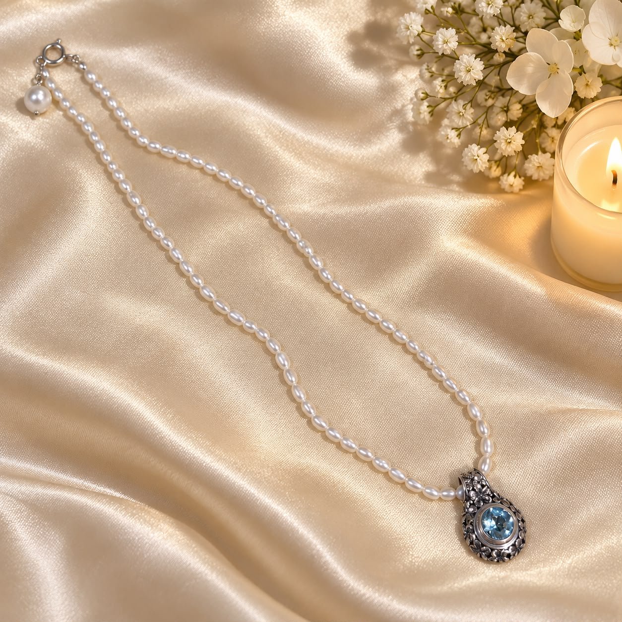 Blue topaz pearl carved  pendant